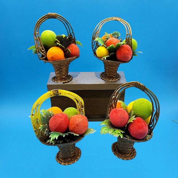 MCM Miniature Flocked Fruit Basket Ornaments Doubl Glo Hong Kong 70s Kitsch VTG - Picture 2 of 9